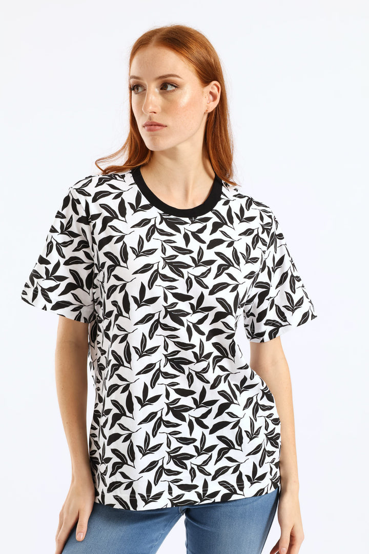 Leaf Print Boxy Tee - Black/White