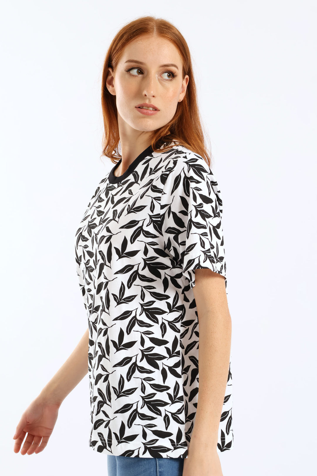 Leaf Print Boxy Tee - Black/White