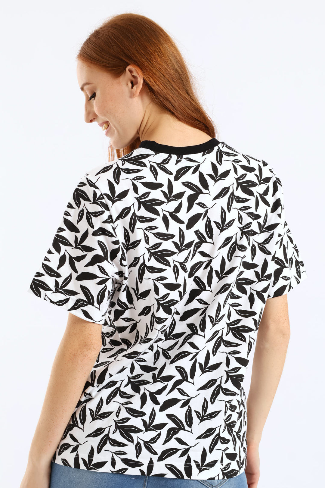 Leaf Print Boxy Tee - Black/White
