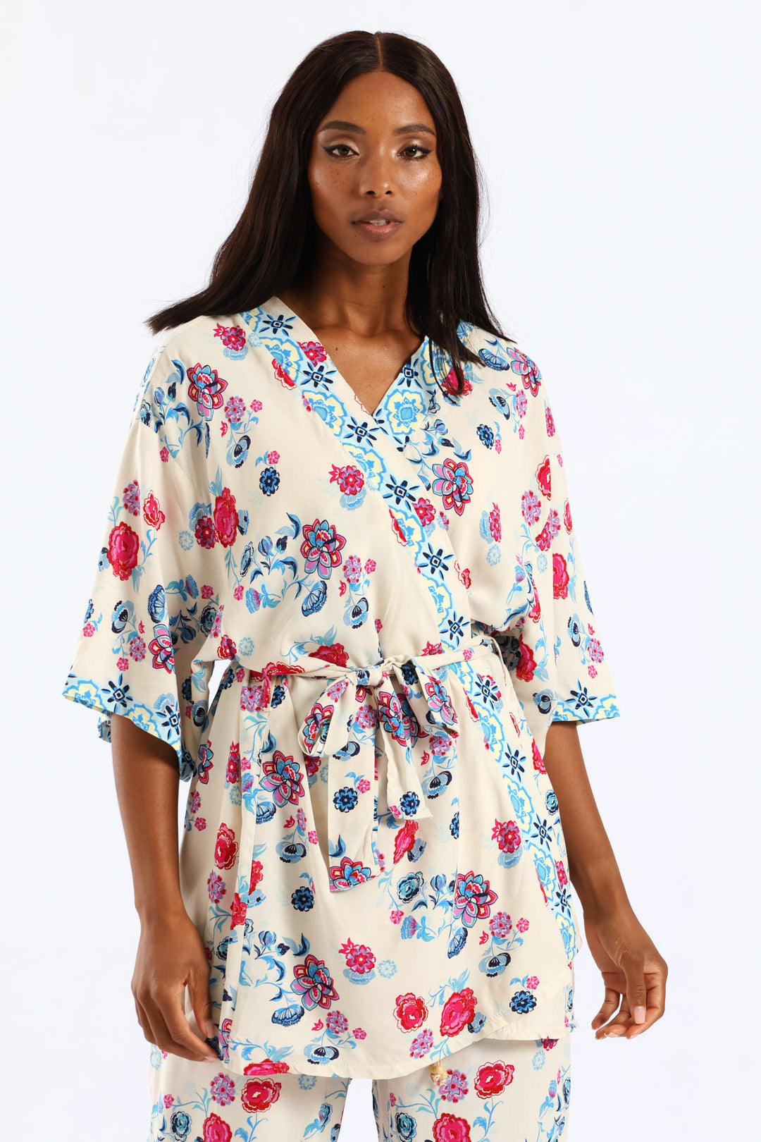 Tropical Floral Border Self Belt Kimono - Pink/Blue
