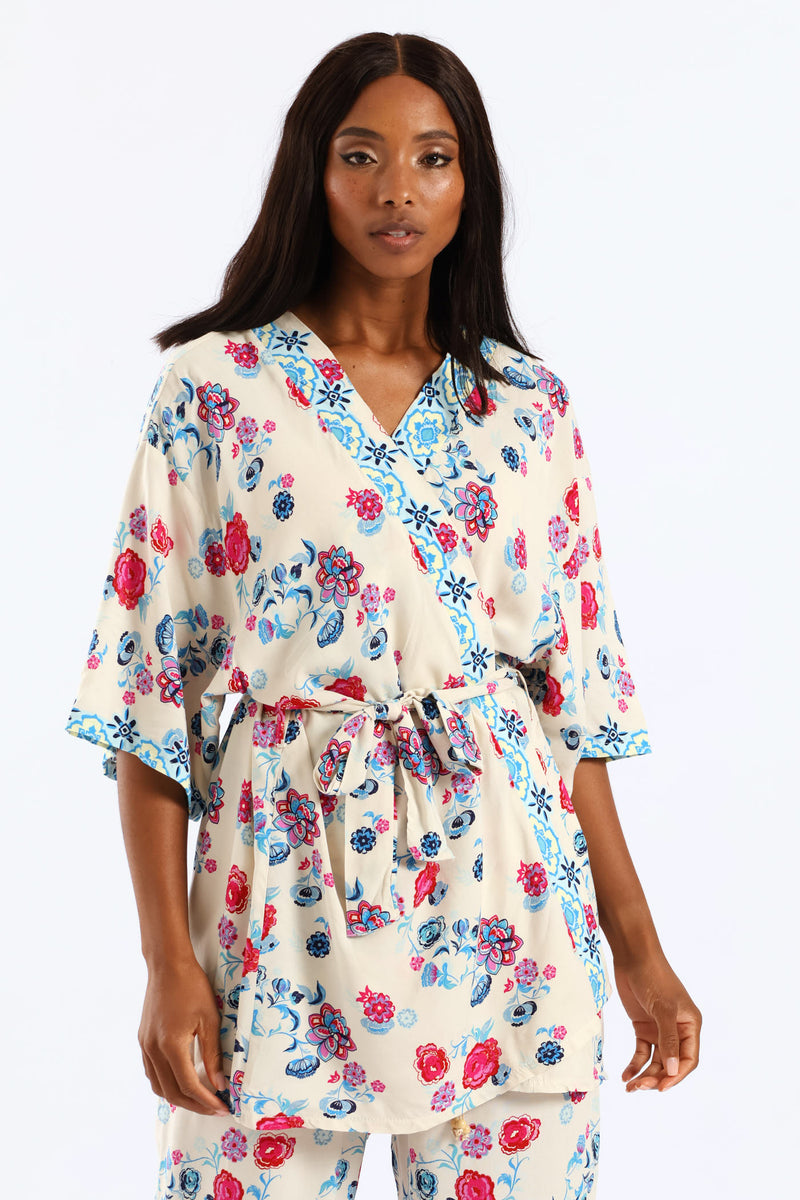 Tropical Floral Border Self Belt Kimono Top - Pink/Blue