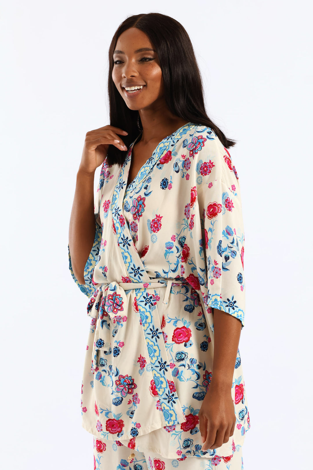 Tropical Floral Border Self Belt Kimono - Pink/Blue