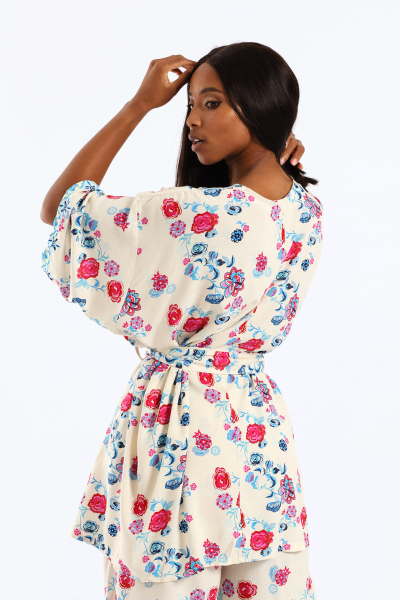 Tropical Floral Border Self Belt Kimono Top - Pink/Blue