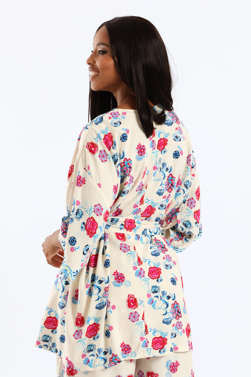 Tropical Floral Border Self Belt Kimono Top - Pink/Blue