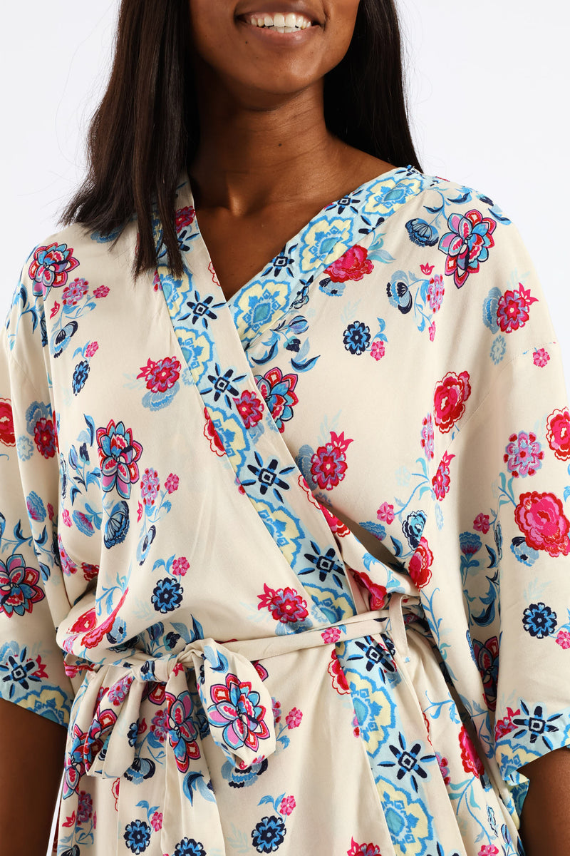 Tropical Floral Border Self Belt Kimono Top - Pink/Blue