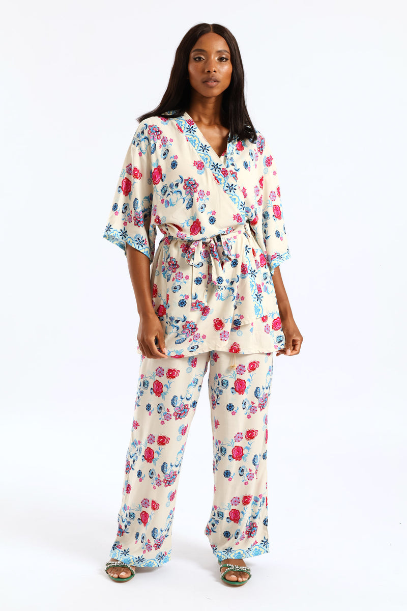 Tropical Floral Border Self Belt Kimono Top - Pink/Blue