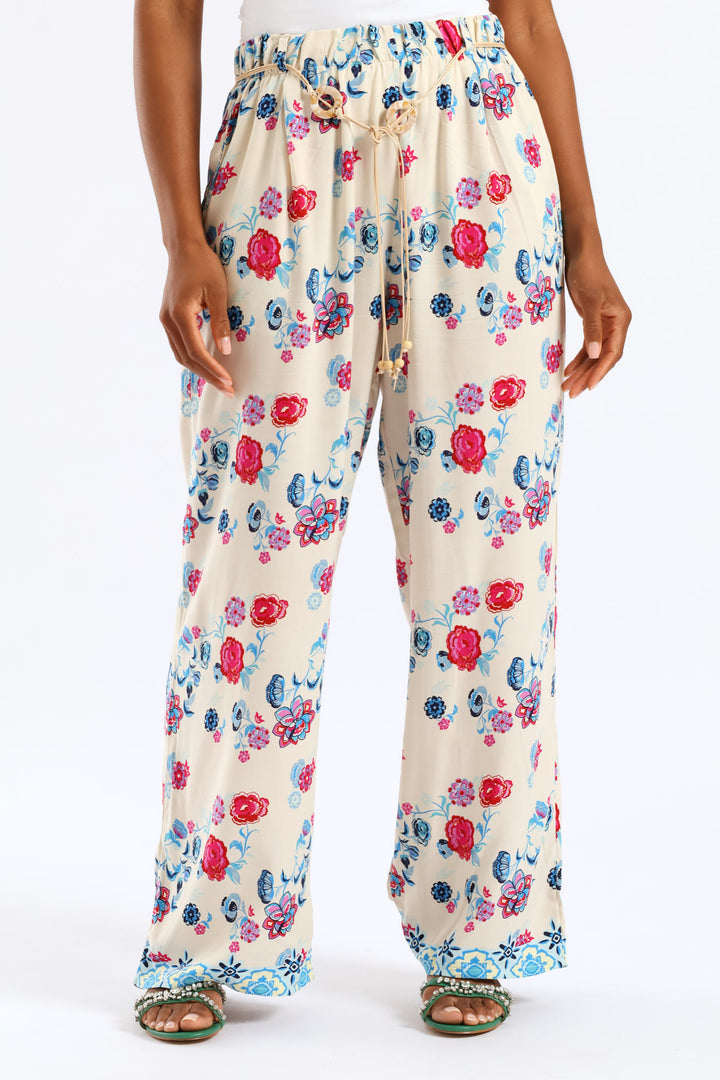 Braided Belt Tropical Floral Border Pullon Wideleg Pants - Pink/Blue
