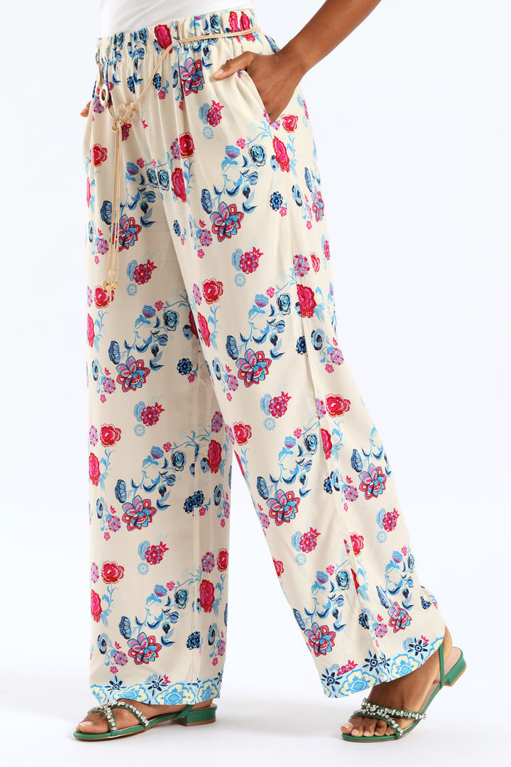 Braided Belt Tropical Floral Border Pullon Wideleg Pants - Pink/Blue