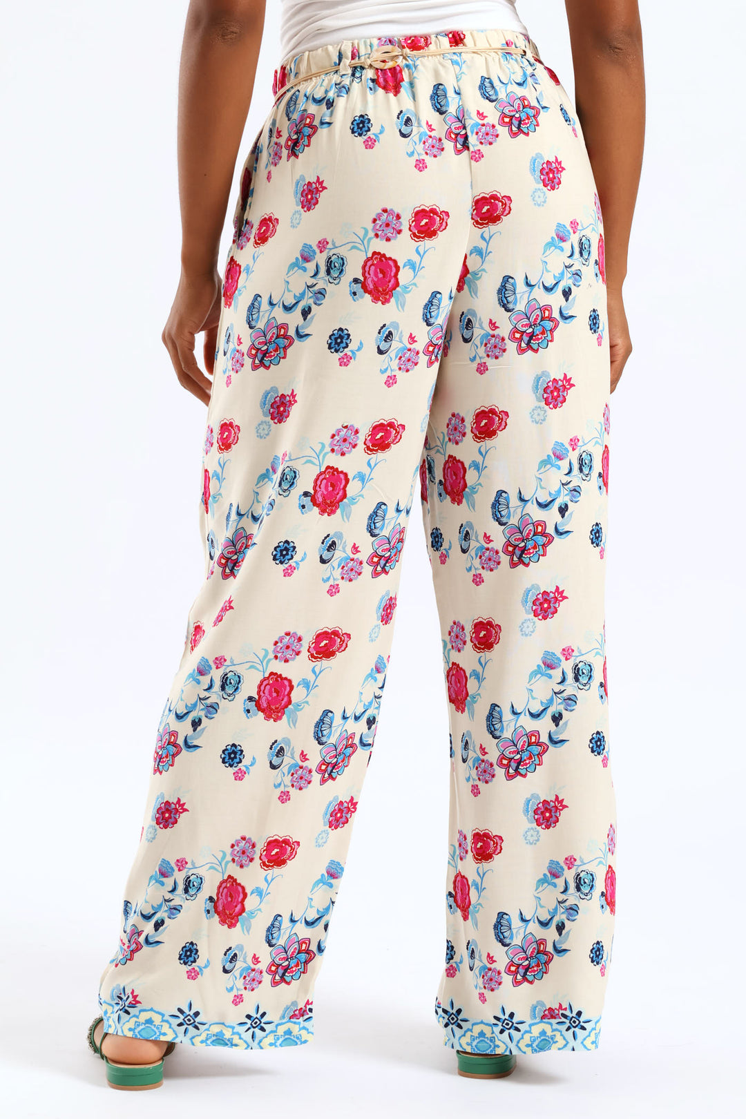 Braided Belt Tropical Floral Border Pullon Wideleg Pants - Pink/Blue