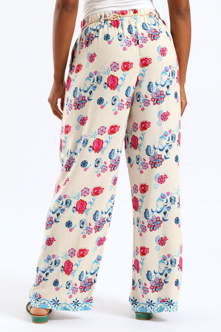 Braided Belt Tropical Floral Border Pullon Wideleg Pants - Pink/Blue