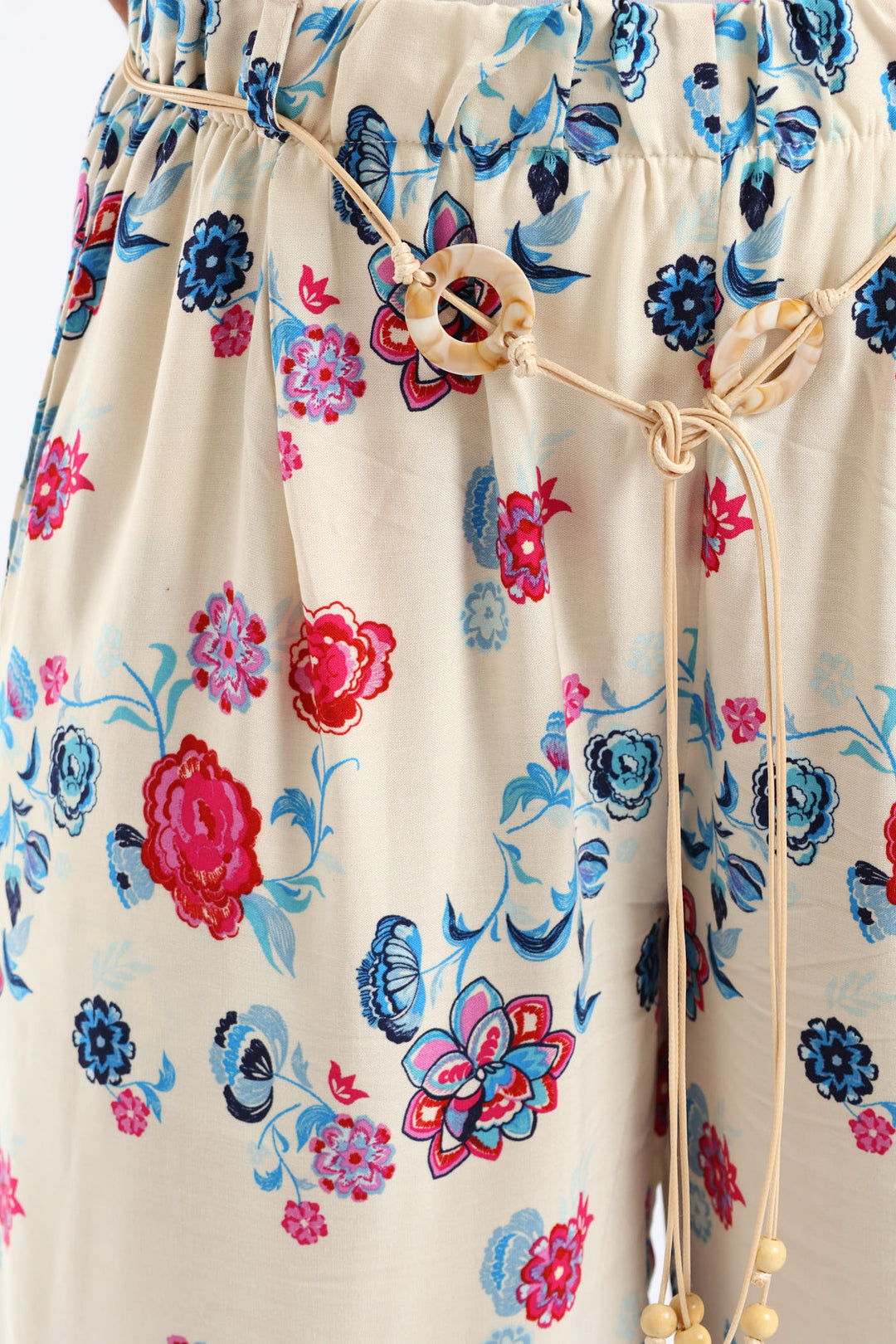 Braided Belt Tropical Floral Border Pullon Wideleg Pants - Pink/Blue