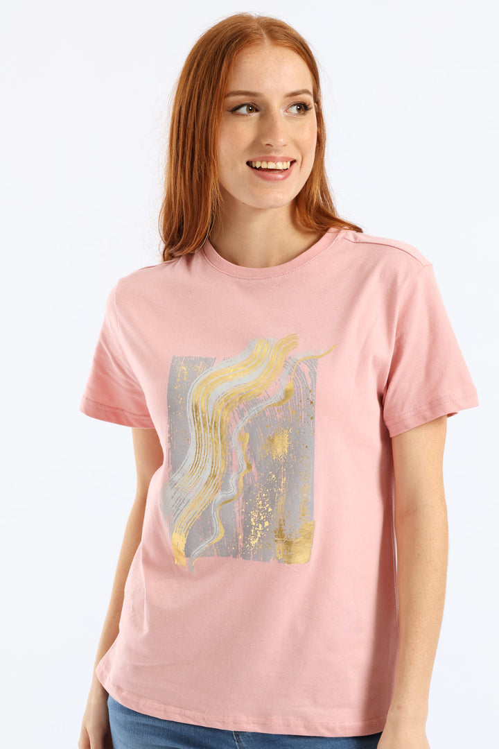 Abstract Foil Brushstrokes Tee - Dusty Pink