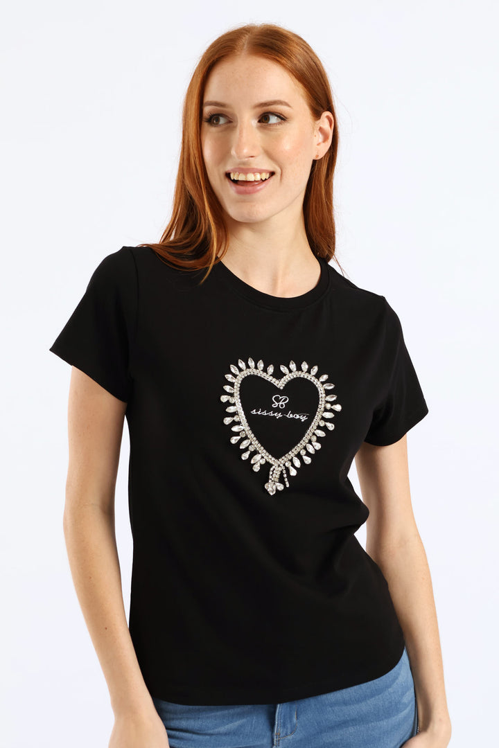 Transfer Heart And Embroidered Regular T-Shirt - Black