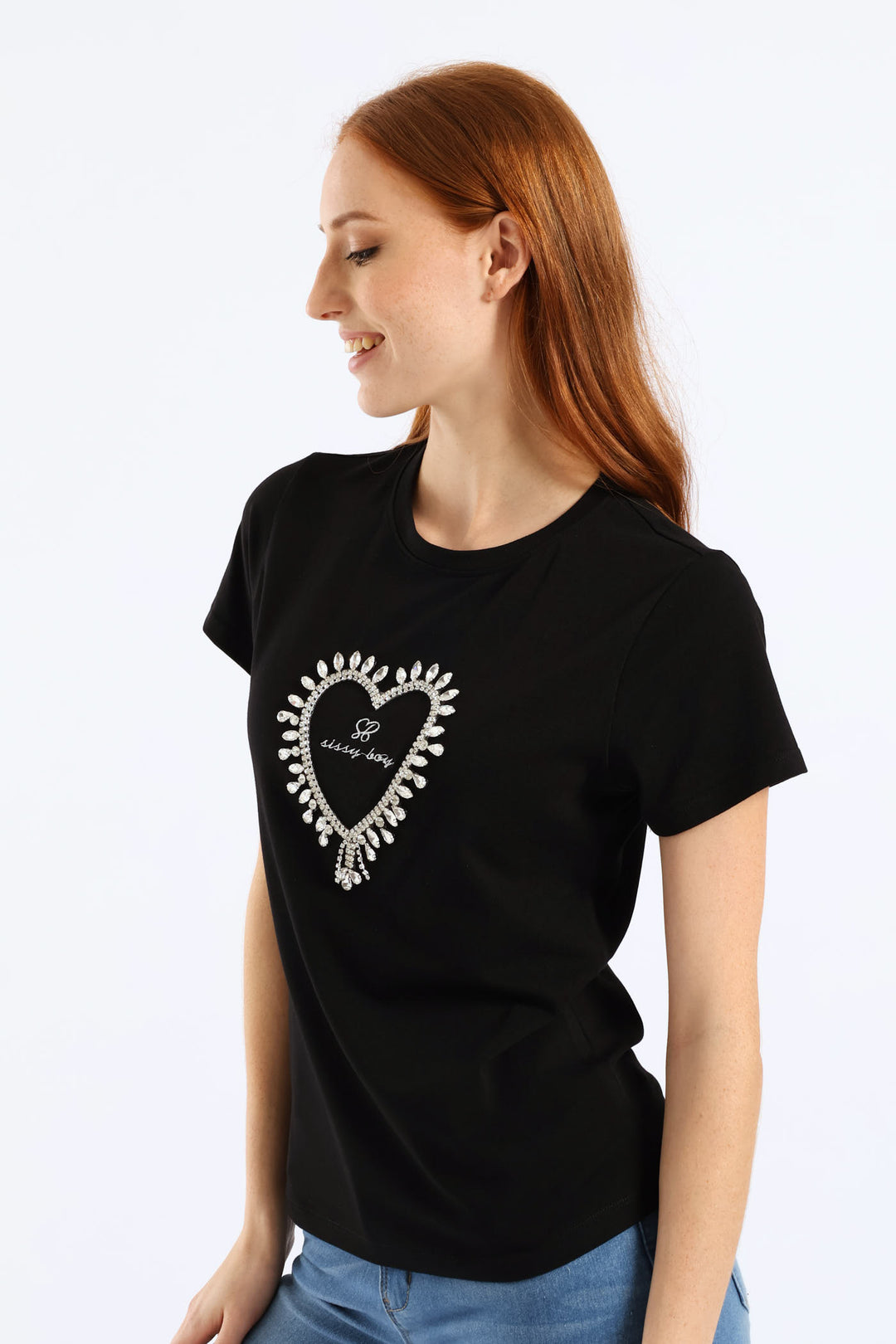 Transfer Heart And Embroidered Regular T-Shirt - Black