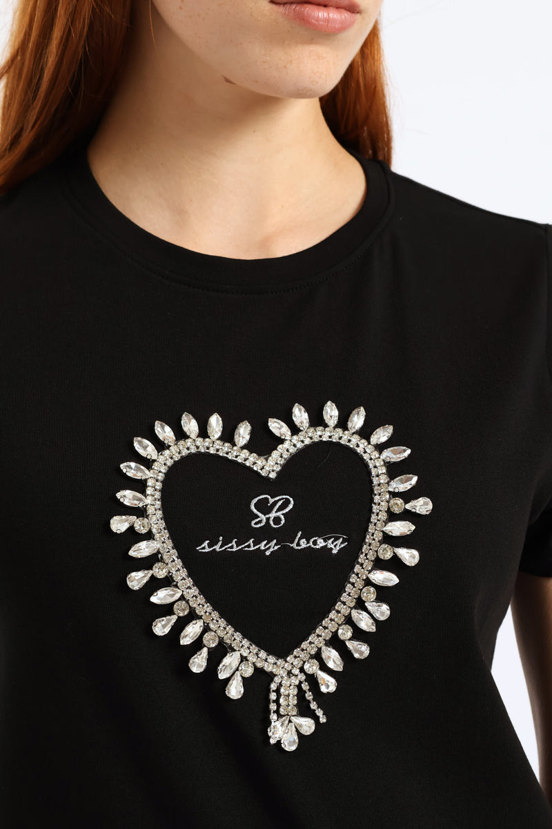 Transfer Heart And Embroidered Regular T-Shirt - Black