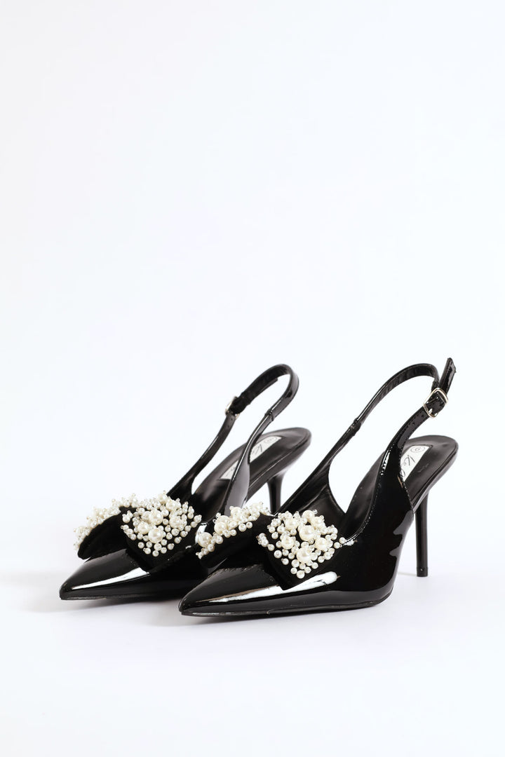 Pearl Bow Slingback Stiletto Heel - Black