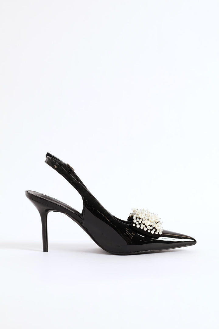 Pearl Bow Slingback Stiletto Heel - Black