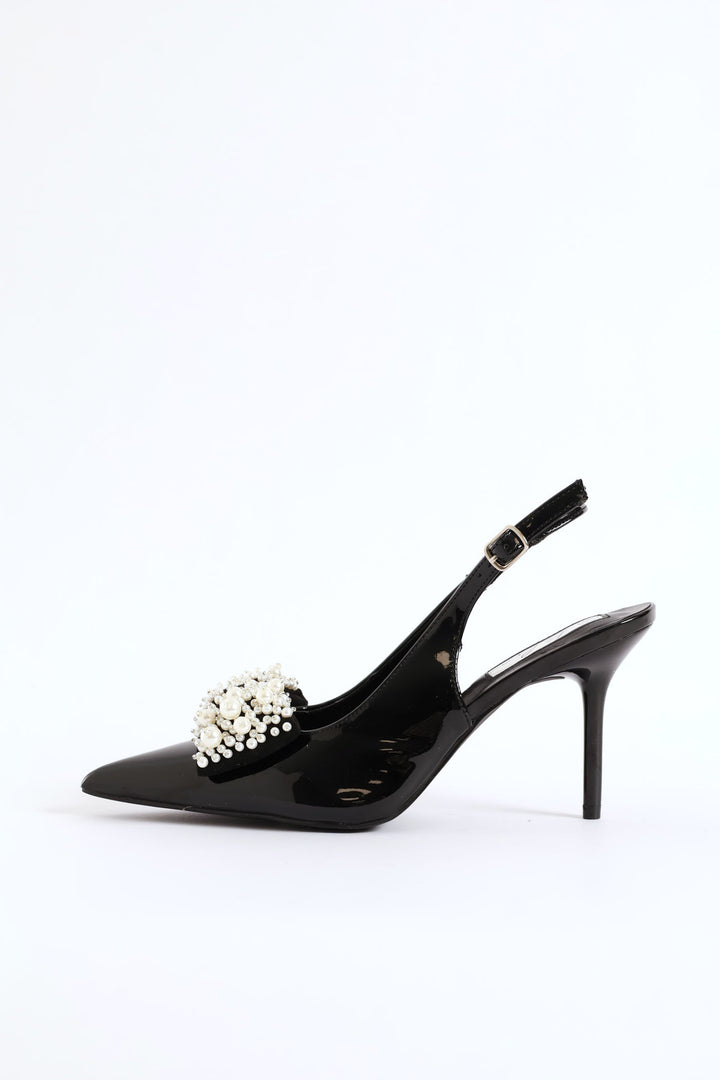 Pearl Bow Slingback Stiletto Heel - Black