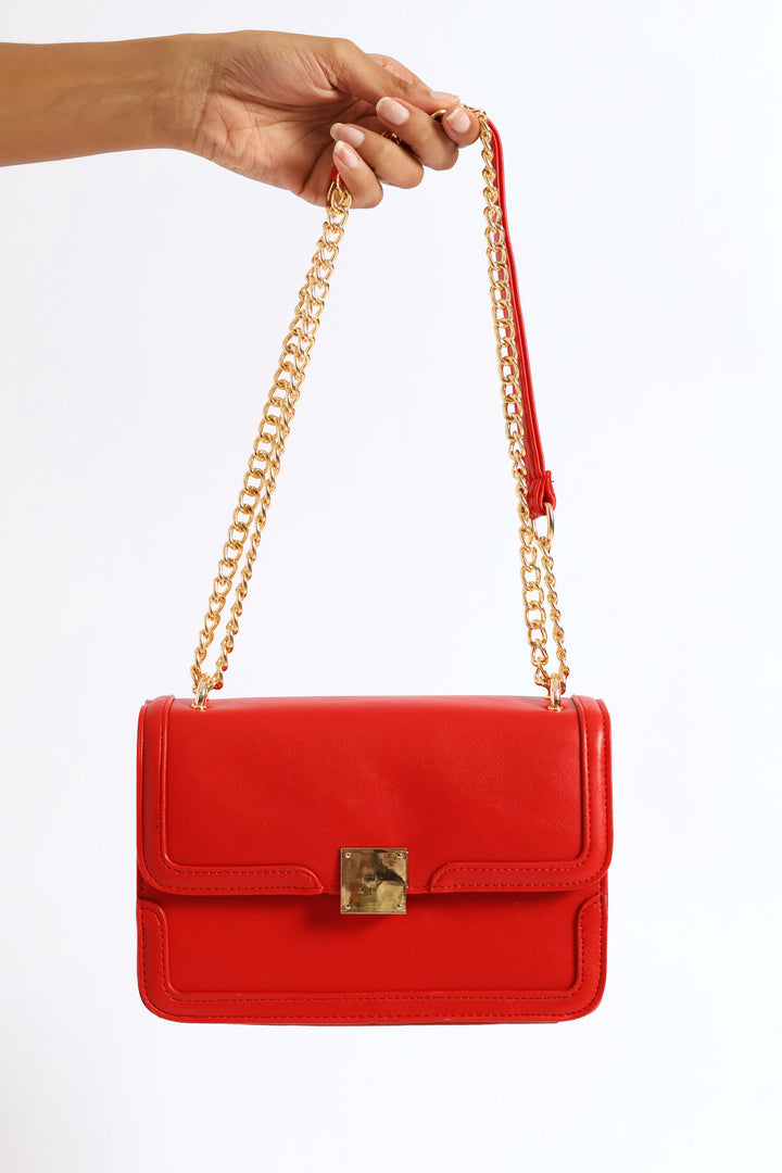 Gold Clasp & Chain Satchel Bag - Red