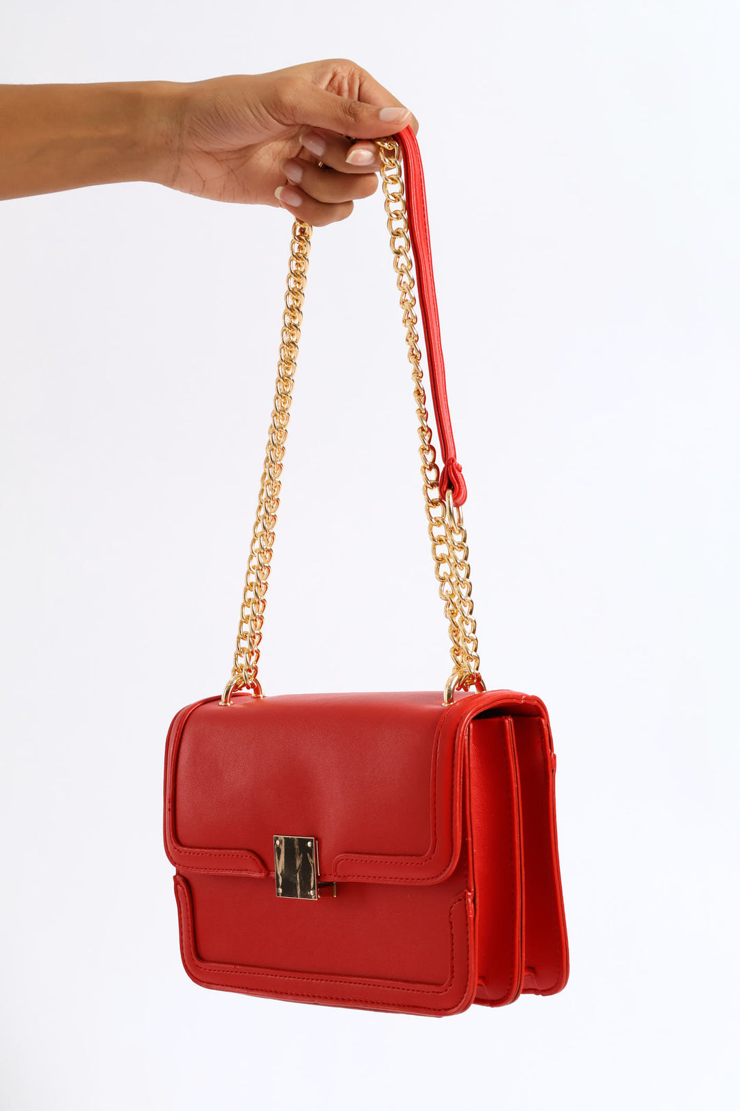 Gold Clasp & Chain Satchel Bag - Red
