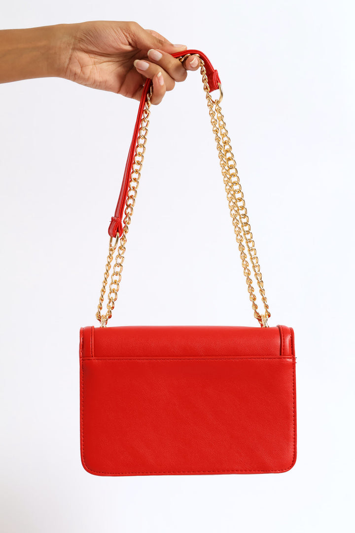 Gold Clasp & Chain Satchel Bag - Red