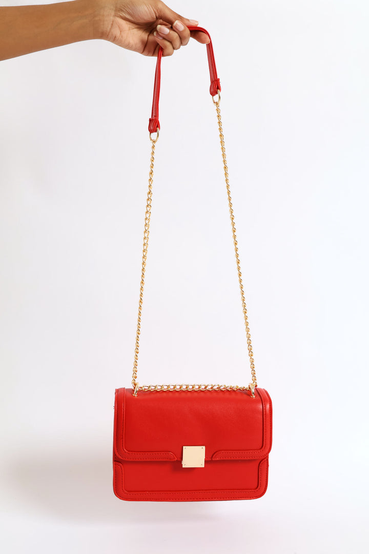Gold Clasp & Chain Satchel Bag - Red