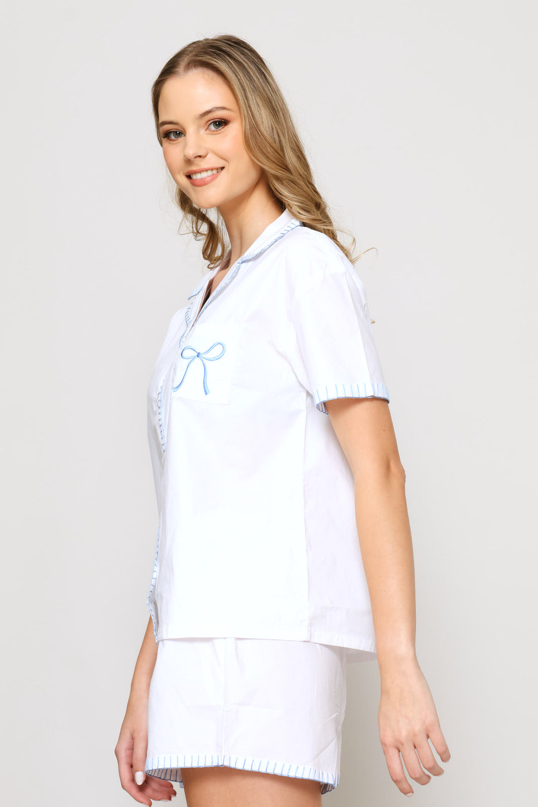 Blanket Stitch Button Through & Cotton Short Sleep Set - White