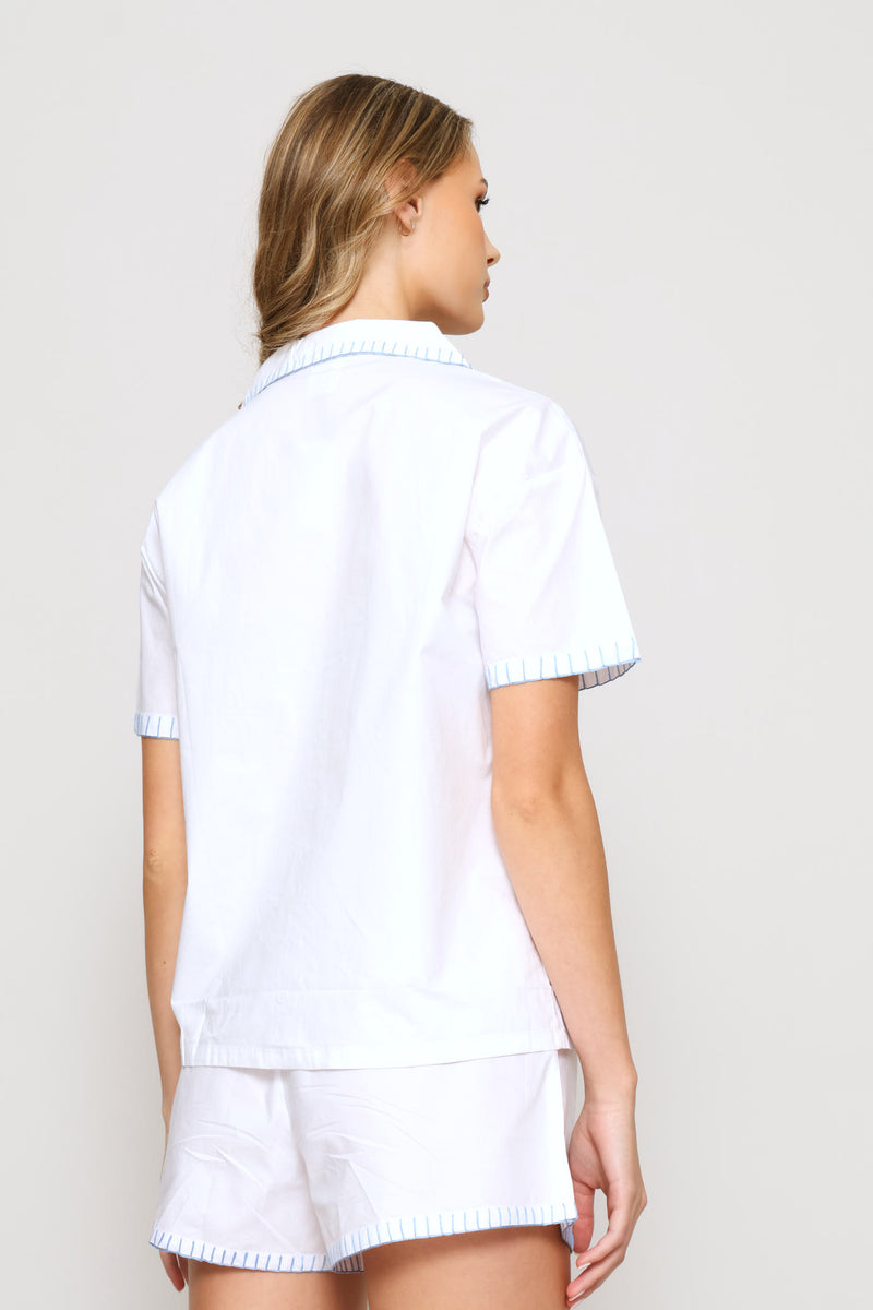 Blanket Stitch Button Through & Cotton Short Sleep Set - White