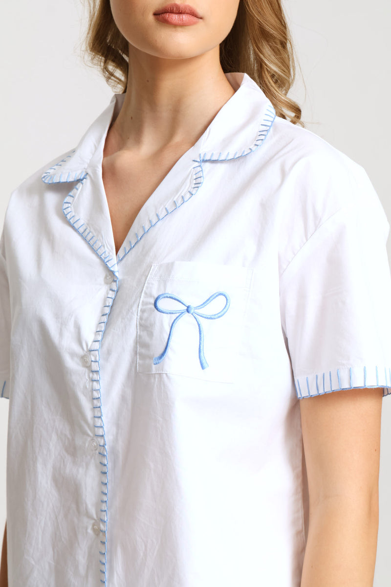 Blanket Stitch Button Through & Cotton Short Sleep Set - White