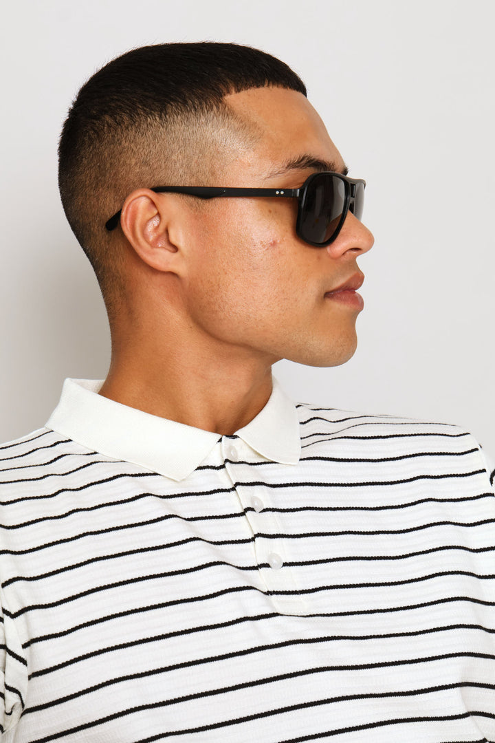 Striped Textured Knit Golfer - Black/White