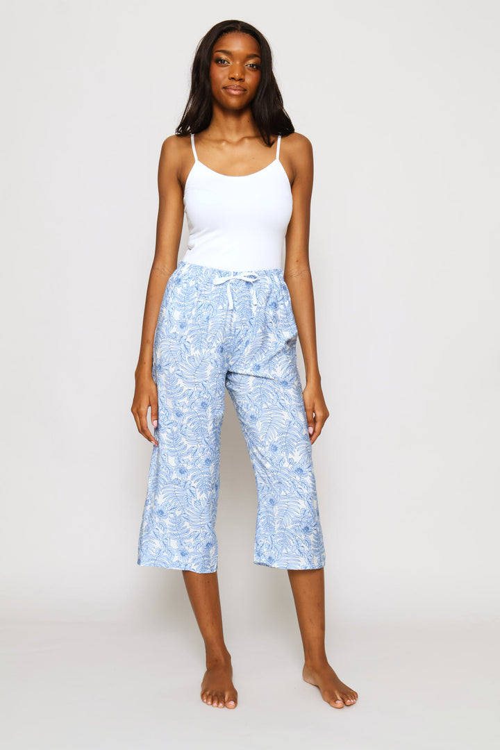 Botanical Print Woven Capri  Sleep Pants - White/Blue