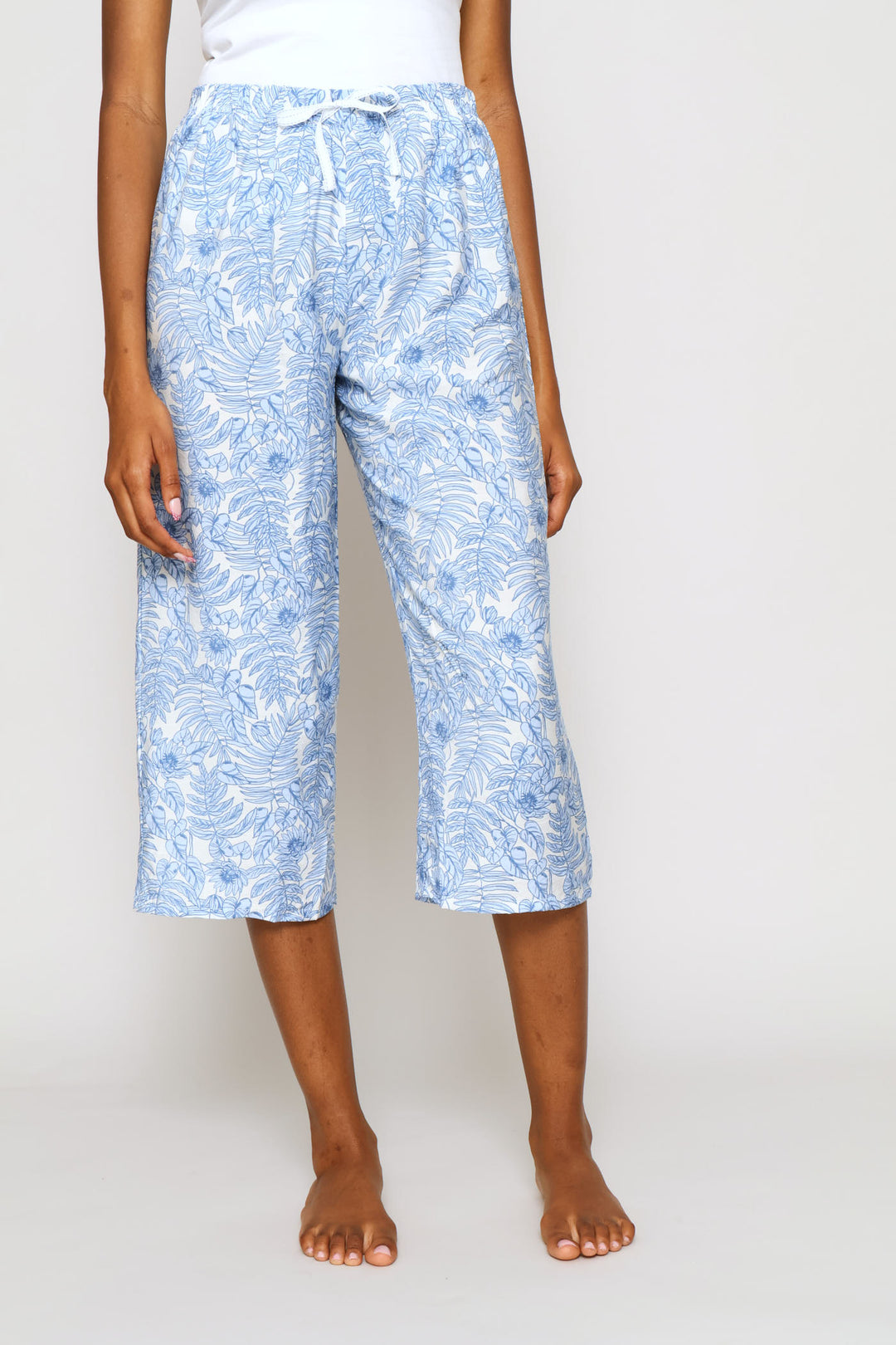 Botanical Print Woven Capri  Sleep Pants - White/Blue