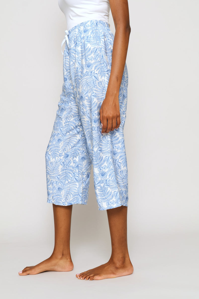 Botanical Print Woven Capri  Sleep Pants - White/Blue
