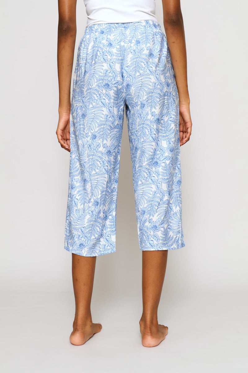 Botanical Print Woven Capri  Sleep Pants - White/Blue