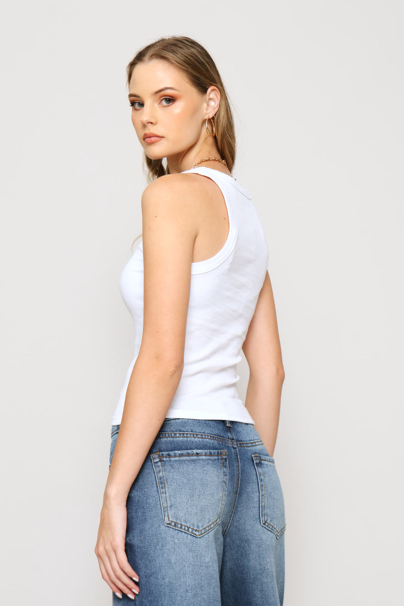 Scoop Neck Basic Rib Tank - White