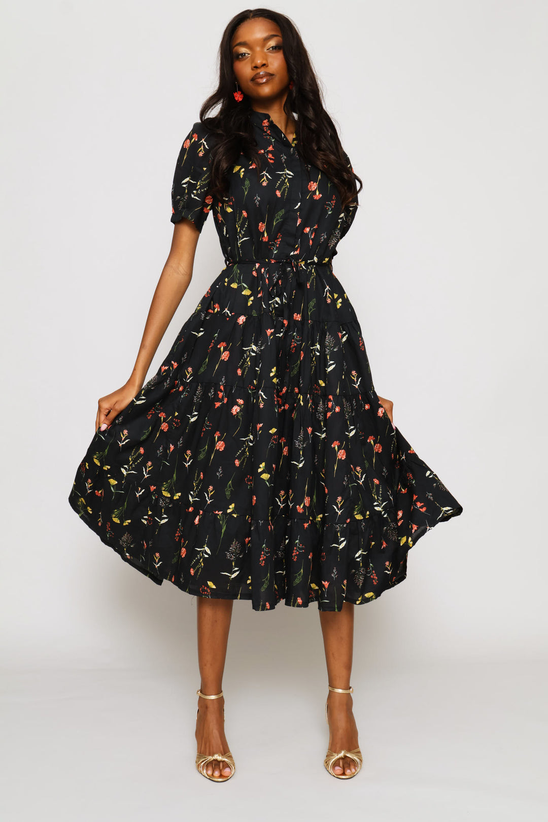 Puff Sleeve Half Placket Mandarin Collar Tiered Midi Dress - Black