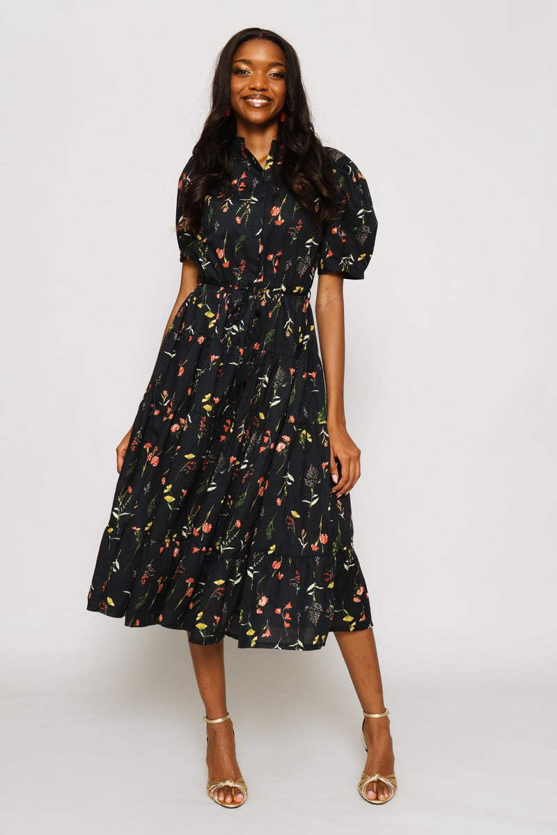Puff Sleeve Half Placket Mandarin Collar Tiered Midi Dress - Black