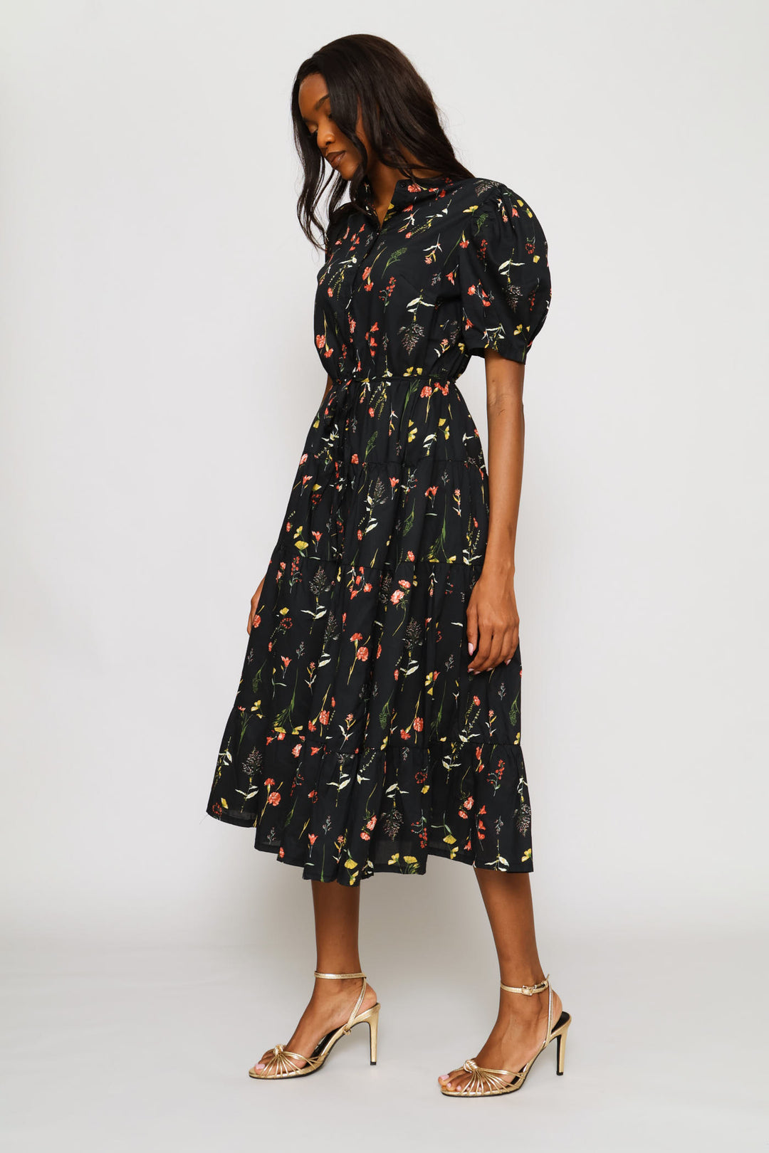 Puff Sleeve Half Placket Mandarin Collar Tiered Midi Dress - Black