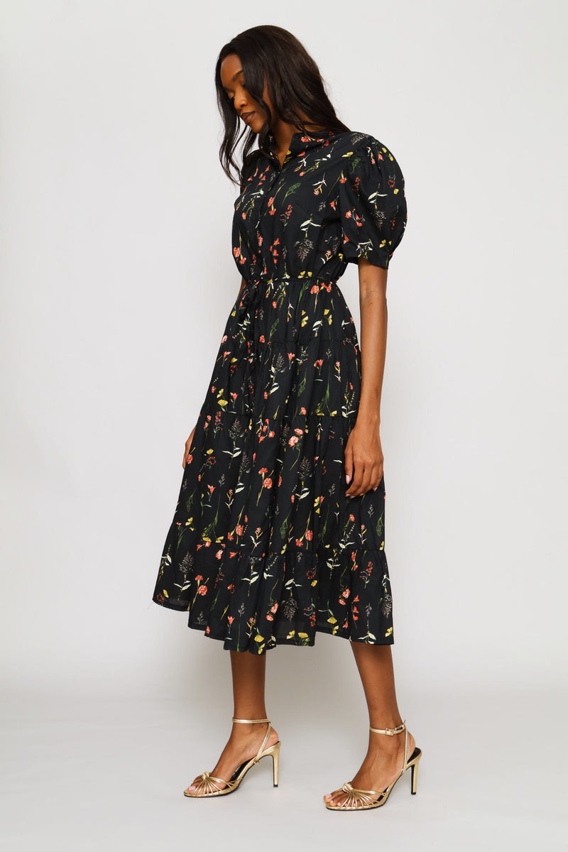 Puff Sleeve Half Placket Mandarin Collar Tiered Midi Dress - Black