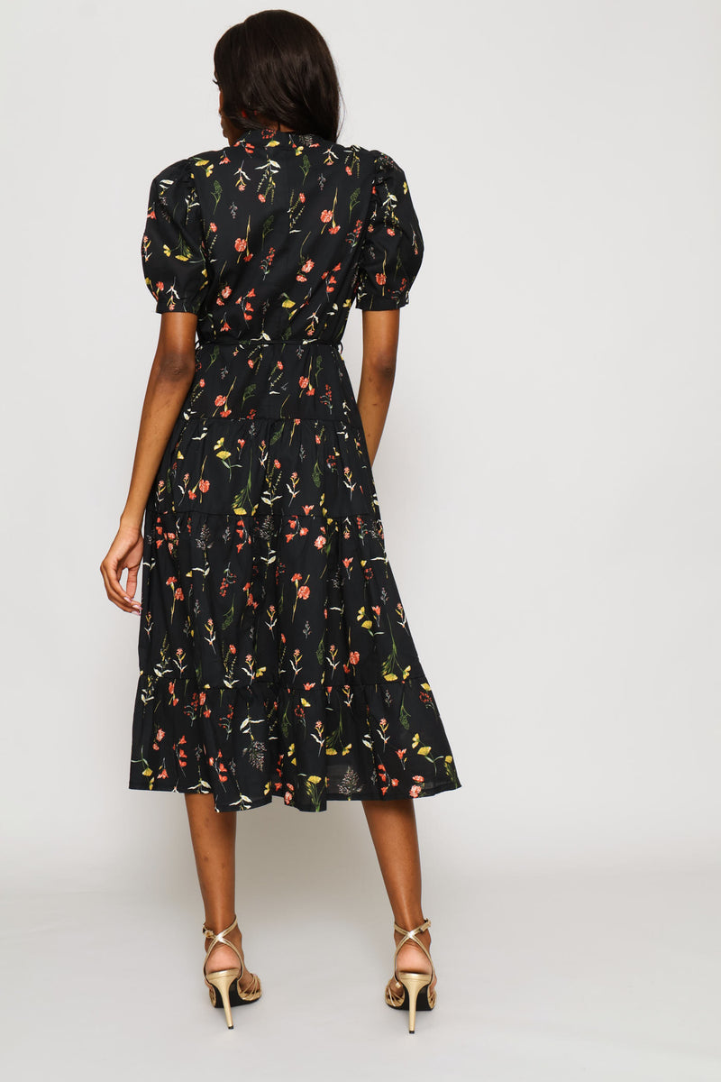 Puff Sleeve Half Placket Mandarin Collar Tiered Midi Dress - Black