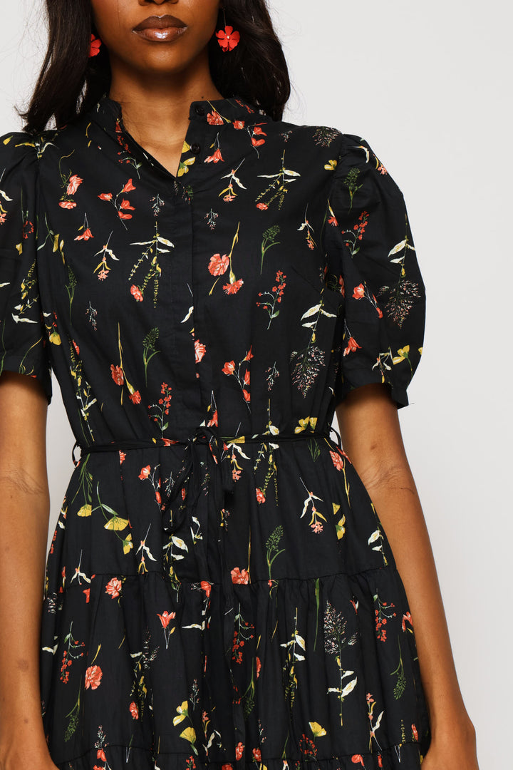 Puff Sleeve Half Placket Mandarin Collar Tiered Midi Dress - Black