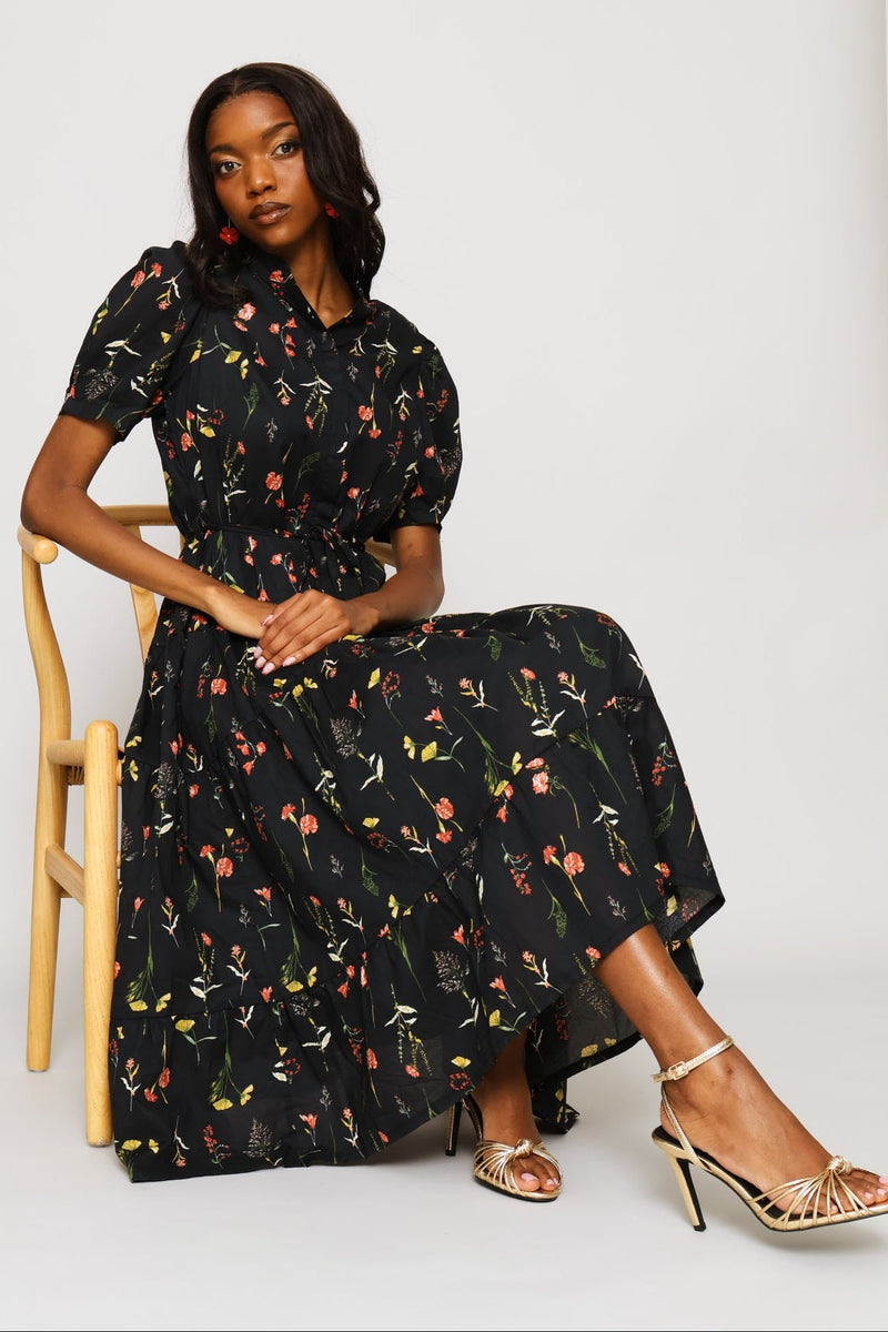Puff Sleeve Half Placket Mandarin Collar Tiered Midi Dress - Black