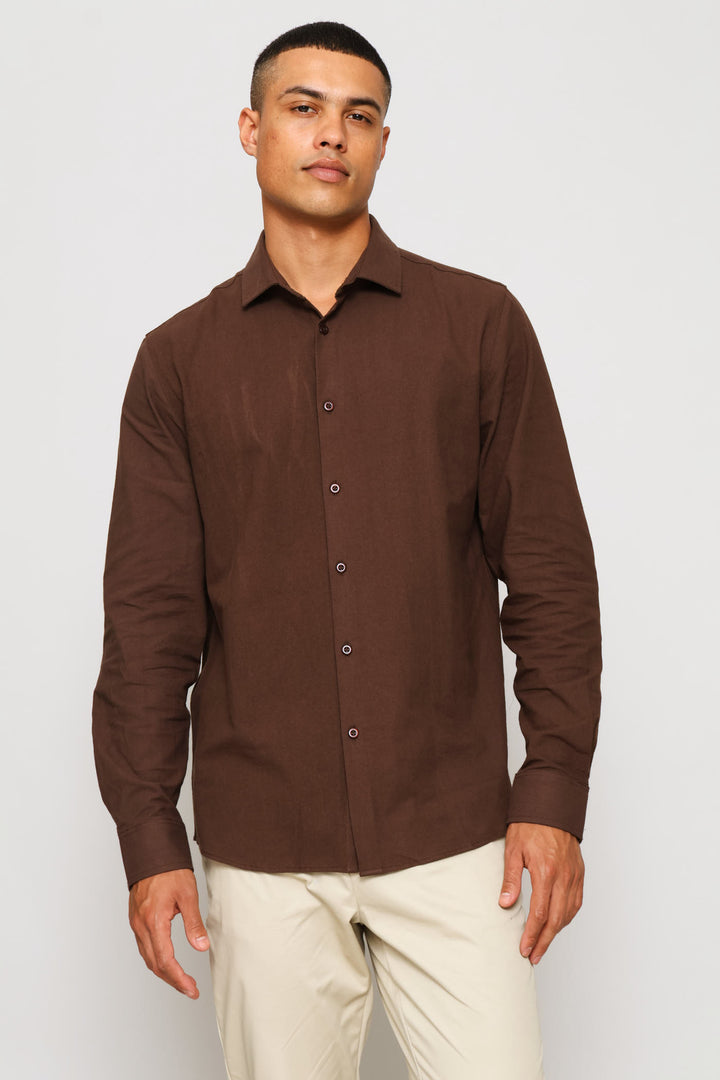 Long Sleeve Crinkle Look Textured Shirt - Chocolate
