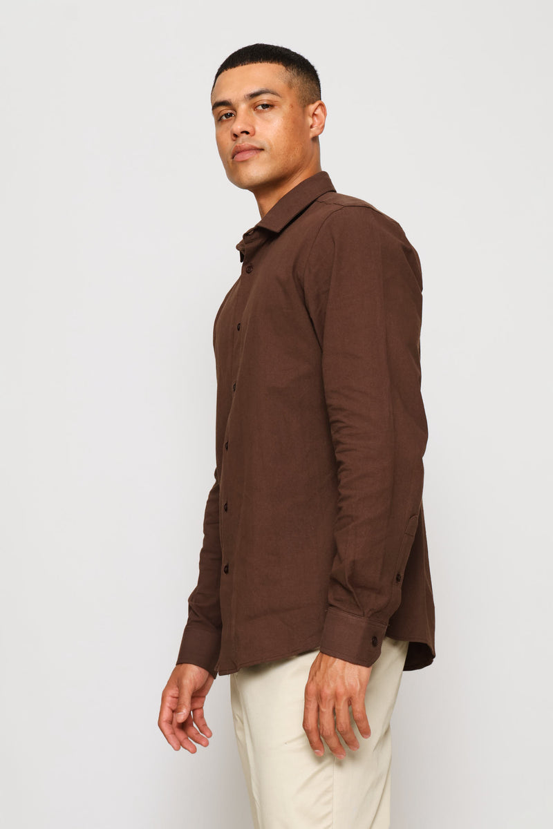 Long Sleeve Crinkle Look Textured Shirt - Chocolate