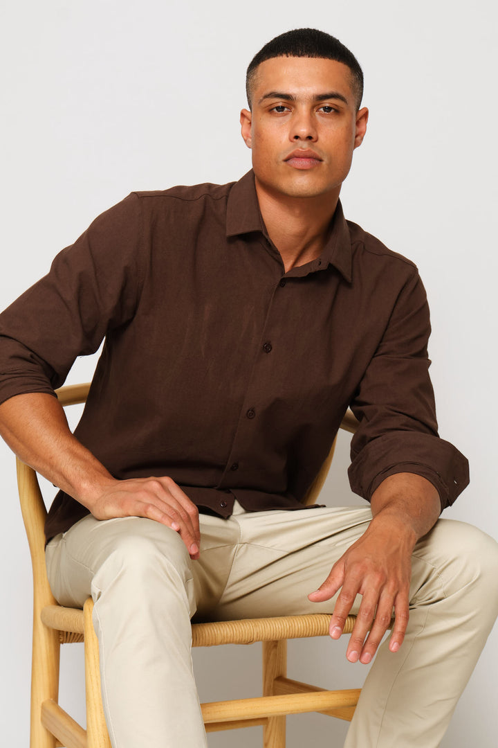 Long Sleeve Crinkle Look Textured Shirt - Chocolate