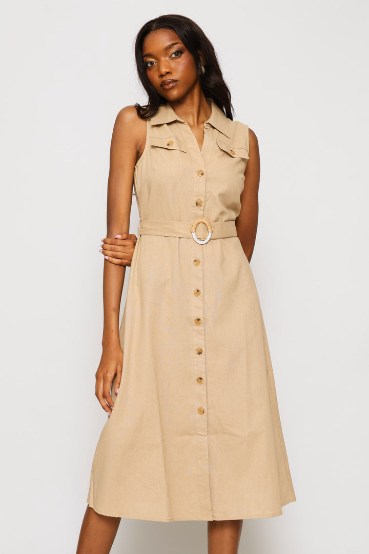 Utility Belted Safari Midi Shirt Dress - Biscuit