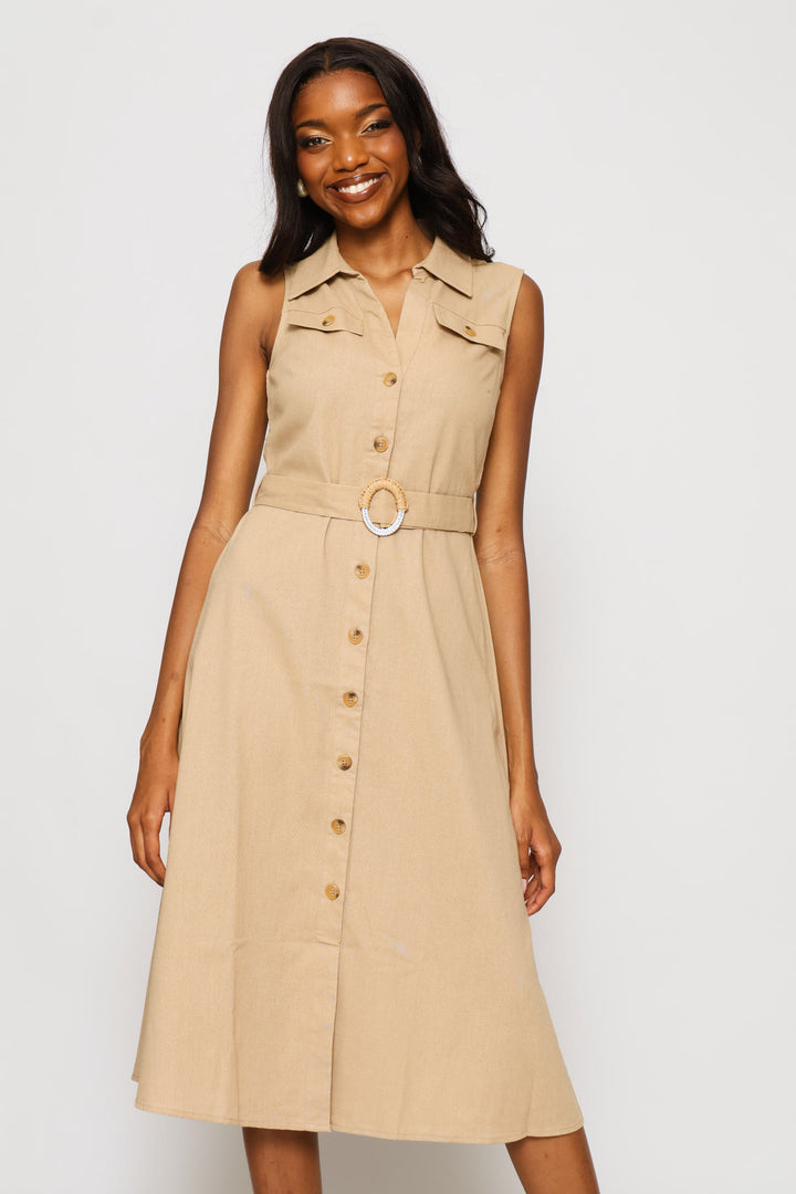 Utility Belted Safari Midi Shirt Dress - Biscuit