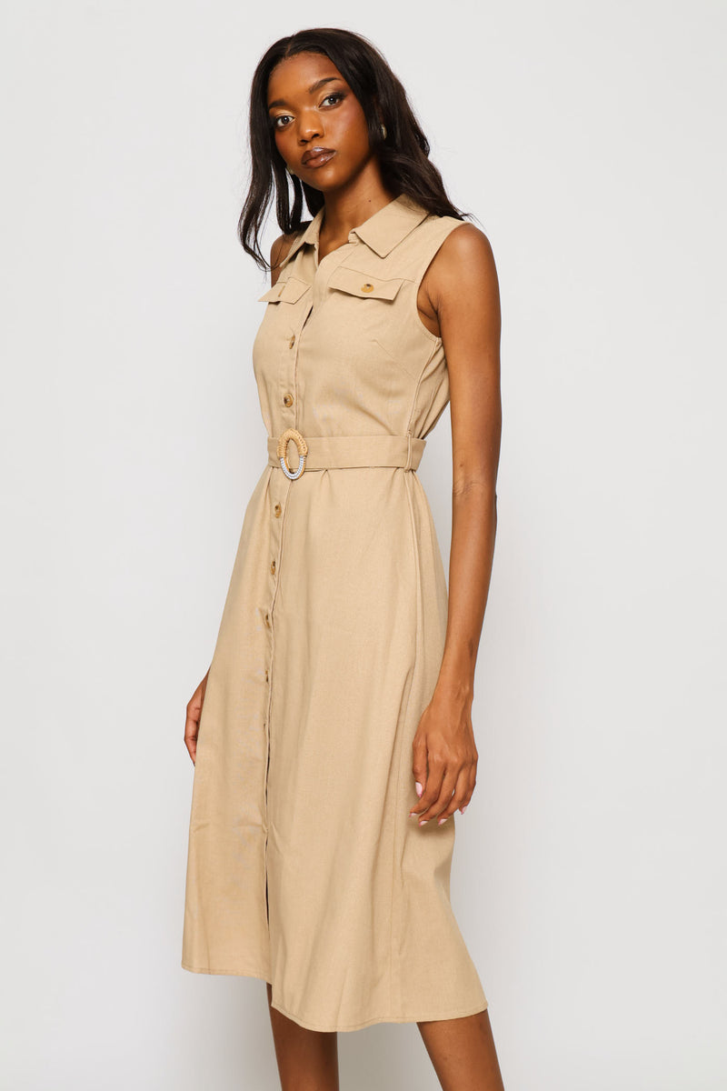 Utility Belted Safari Midi Shirt Dress - Biscuit