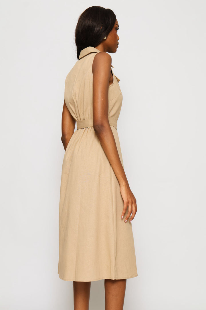 Utility Belted Safari Midi Shirt Dress - Biscuit