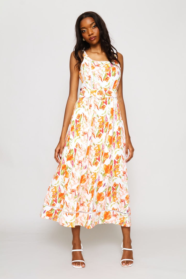 Corset Bodice Panelled Ladder Lace Midi Dress - Orange